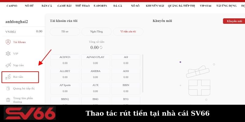 Chọn vào mục nút tiền tại nhà cái SV66