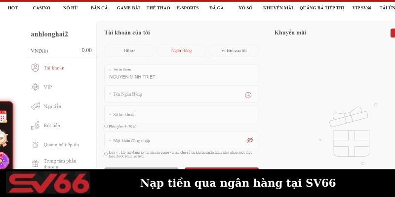 Thao tác nạp tiền SV66 qua ngân hàng liên kết